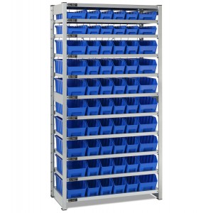 Rayonnage avec 11 plateaux et 60 bacs RK Box Air, L1057 x P521 x H2011 mm