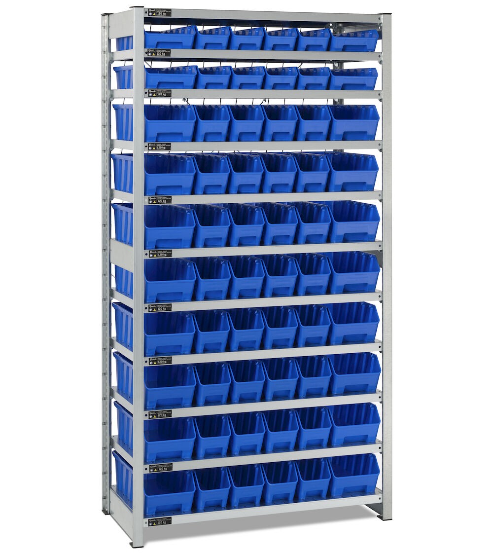 Regal mit 11 Böden und 60 Behältern RK Box Air, B1057 x T521 x H2011 mm