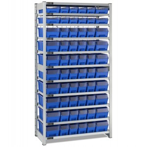 Scaffale con 11 piani e 60 contenitori RK Box Air con divisori e frontalini, L1057 x P521 x H2011 mm