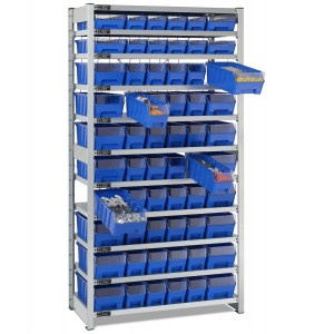 Regal mit 11 Böden und 60 Behältern RK Box Air mit Trennwänden und Fronten, B1057 x T521 x H2011 mm