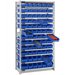 Rayonnage avec 13 plateaux et 72 bacs RK Box Air, L1057 x P521 x H2011 mm