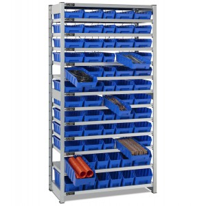 Rayonnage avec 13 plateaux et 62 bacs RK Box Air, L1057 x P521 x H2011 mm