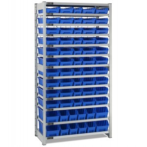 Rayonnage avec 13 plateaux et 62 bacs RK Box Air, L1057 x P521 x H2011 mm