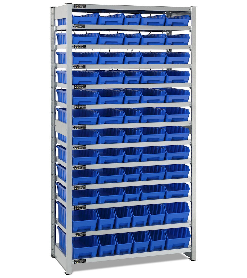 Rayonnage avec 13 plateaux et 62 bacs RK Box Air, L1057 x P521 x H2011 mm