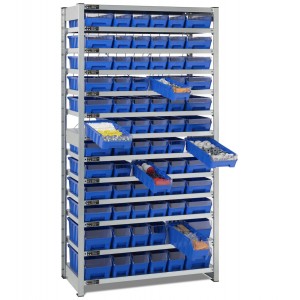 Scaffale con 13 piani e 72 contenitori RK Box Air con divisori e frontalini, L1057 x P521 x H2011 mm