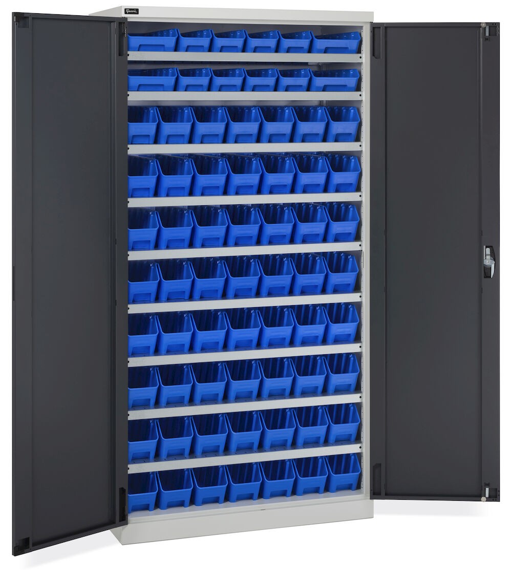 Schrank mit Flügeltüren und 68 Behältern RK Box Air, B1023 x T555 x H2000 mm, Grau und Anthrazit