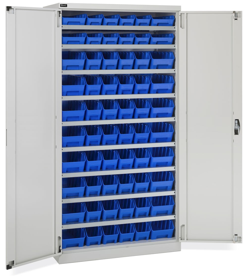 Armoire à porte battante avec 60 bacs RK Box Air, L1023 x P555 x H2000 mm, gris