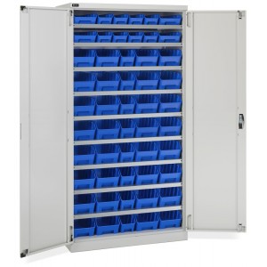 Schrank mit Flügeltüren und 52 Behältern RK Box Air, B1023 x T555 x H2000 mm, Grau