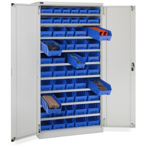 Schrank mit Flügeltüren und 52 Behältern RK Box Air, B1023 x T555 x H2000 mm, Grau