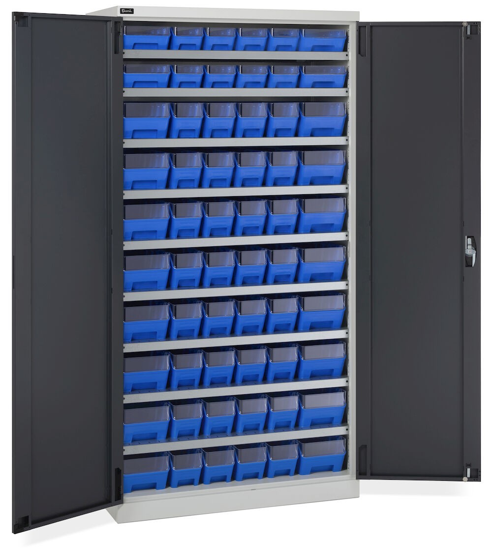 Schrank mit 60 Behältern RK Box Air mit Trennwänden und Fronten, B1023 x T555 x H2000 mm, Grau und Anthrazit