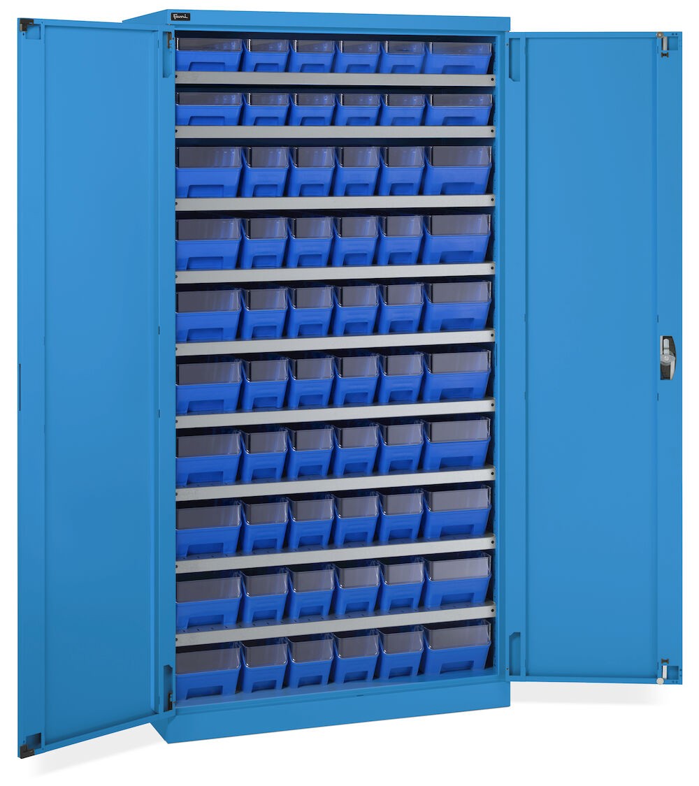 Schrank mit 60 Behältern RK Box Air mit Trennwänden und Fronten, B1023 x T555 x H2000 mm, Blau