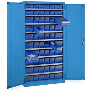 Schrank mit 60 Behältern RK Box Air mit Trennwänden und Fronten, B1023 x T555 x H2000 mm, Blau