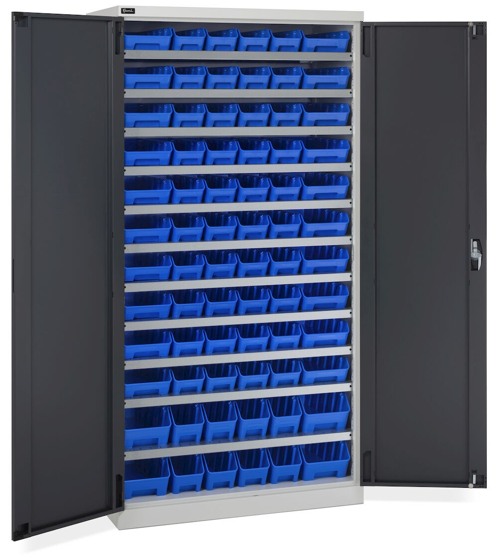 Schrank mit Flügeltüren mit 72 Behältern RK Box Air, B1023 x T555 x H2000 mm, Grau und Anthrazit