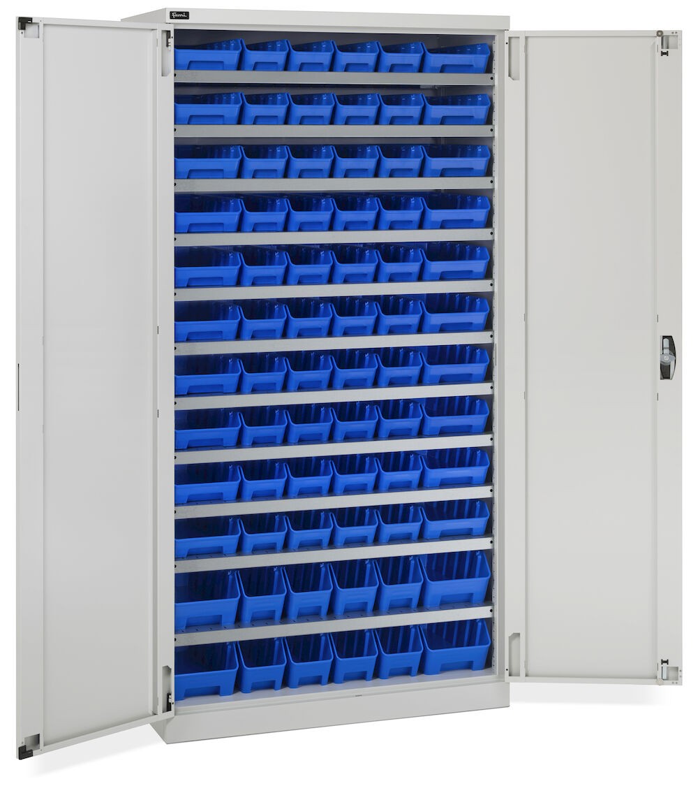 Schrank mit Flügeltüren mit 72 Behältern RK Box Air, B1023 x T555 x H2000 mm, Grau