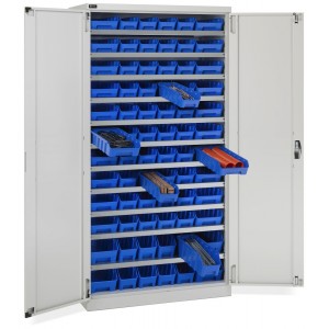 Schrank mit Flügeltüren mit 72 Behältern RK Box Air, B1023 x T555 x H2000 mm, Grau