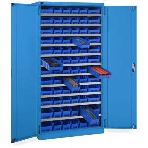 Schrank mit Flügeltüren mit 72 Behältern RK Box Air, B1023 x T555 x H2000 mm, Blau
