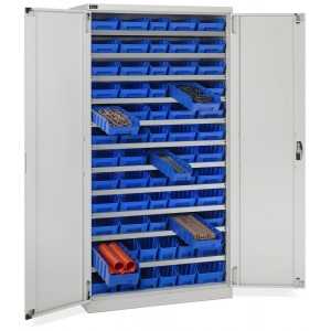 Schrank mit Flügeltüren mit 62 Behältern RK Box Air, B1023 x T555 x H2000 mm, Grau