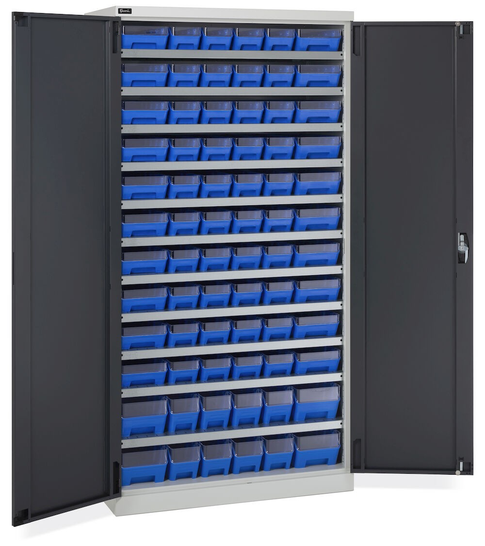 Schrank mit 72 Behältern RK Box Air mit Trennwänden und Fronten, B1023 x T555 x H2000 mm, Grau und Anthrazit