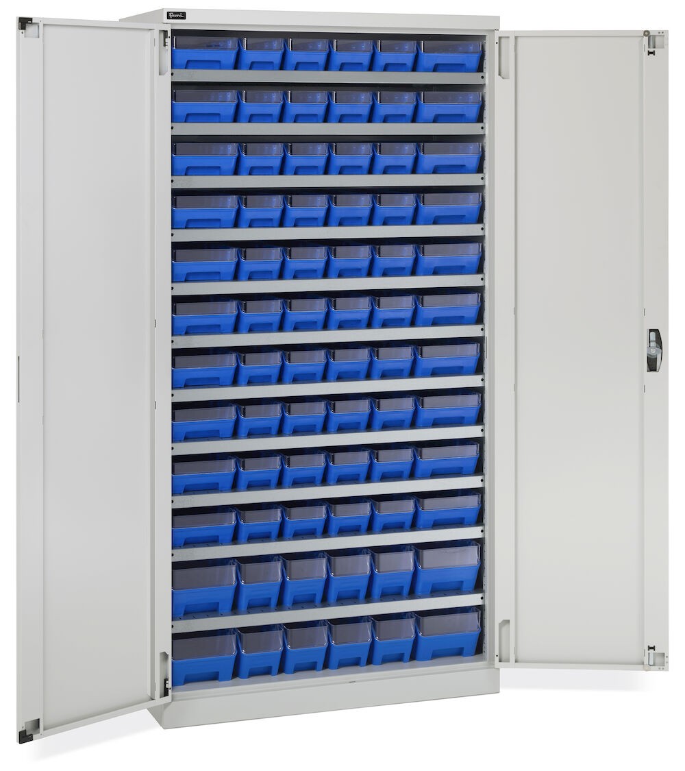 Schrank mit 72 Behältern RK Box Air mit Trennwänden und Fronten, B1023 x T555 x H2000 mm, Grau