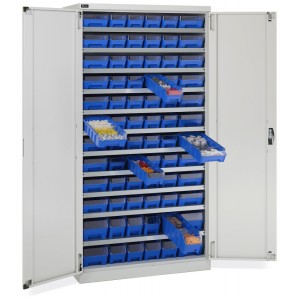 Schrank mit 72 Behältern RK Box Air mit Trennwänden und Fronten, B1023 x T555 x H2000 mm, Grau