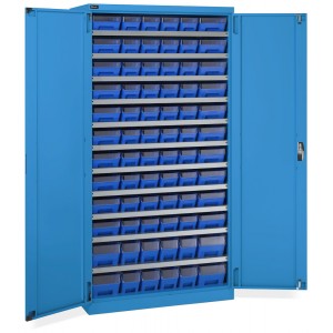 Schrank mit Flügeltüren mit 72 Behältern RK Box Air mit Trennwänden und Fronten, B1023 x T555 x H2000 mm, Blau
