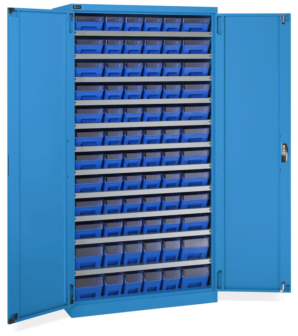 Armadio con porte a battente con 72 contenitori RK Box Air con divisori e frontalini, L1023 x P555 x H2000 mm, blu