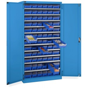 Schrank mit Flügeltüren mit 72 Behältern RK Box Air mit Trennwänden und Fronten, B1023 x T555 x H2000 mm, Blau
