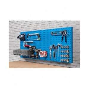 Parete porta attrezzi da muro da  150 cm completa di accessori e 3 contenitori, blu