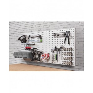 Parete porta attrezzi da muro da 150 cm completa di accessori e 3 contenitori, grigio