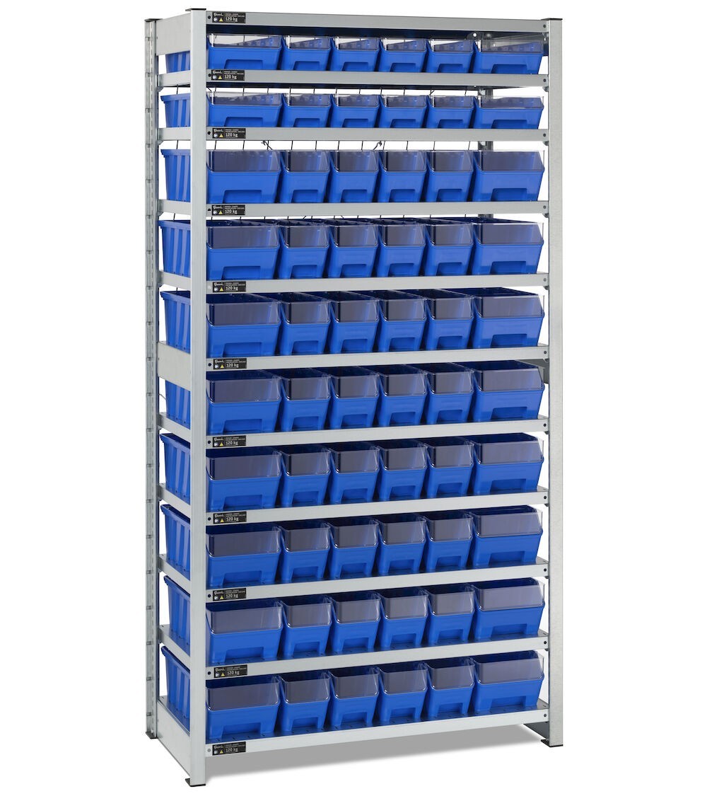 Scaffale con 11 piani e 60 contenitori RK Box Air con divisori e frontalini, L1057 x P521 x H2011 mm