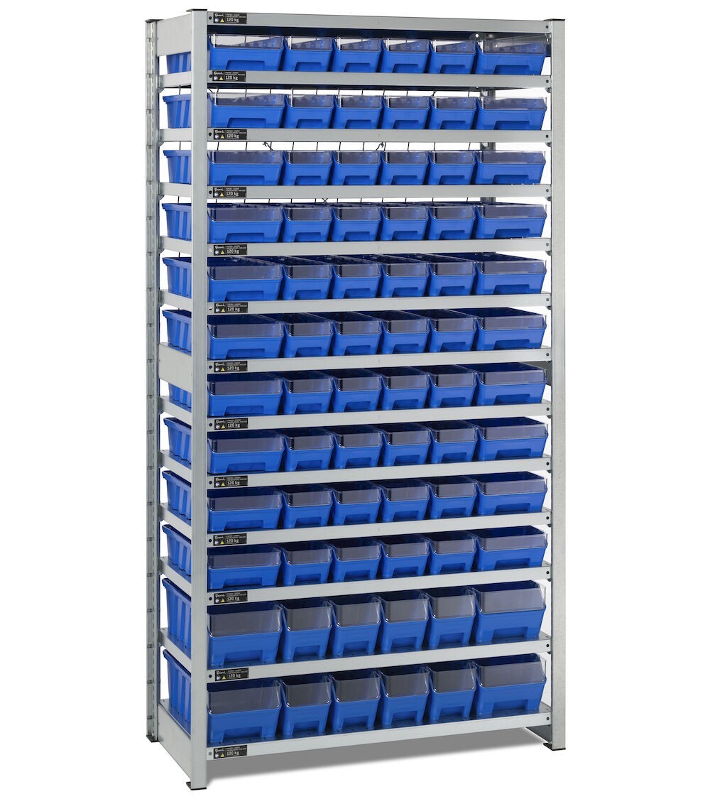 Scaffale con 13 piani e 72 contenitori RK Box Air con divisori e frontalini, L1057 x P521 x H2011 mm