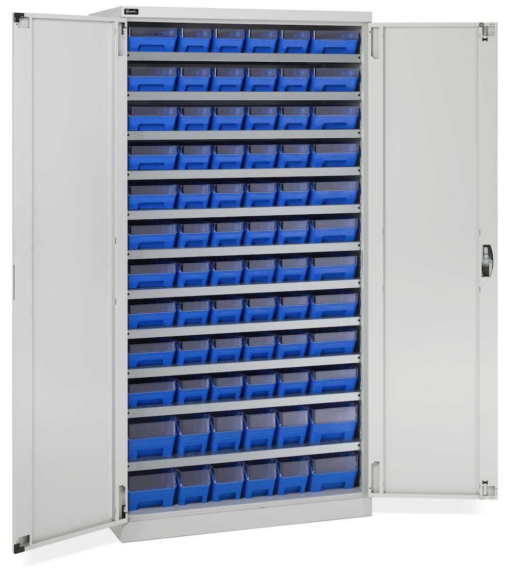 Armadio con 72 contenitori RK Box Air con divisori e frontalini, L1023 x P555 x H2000 mm, grigio