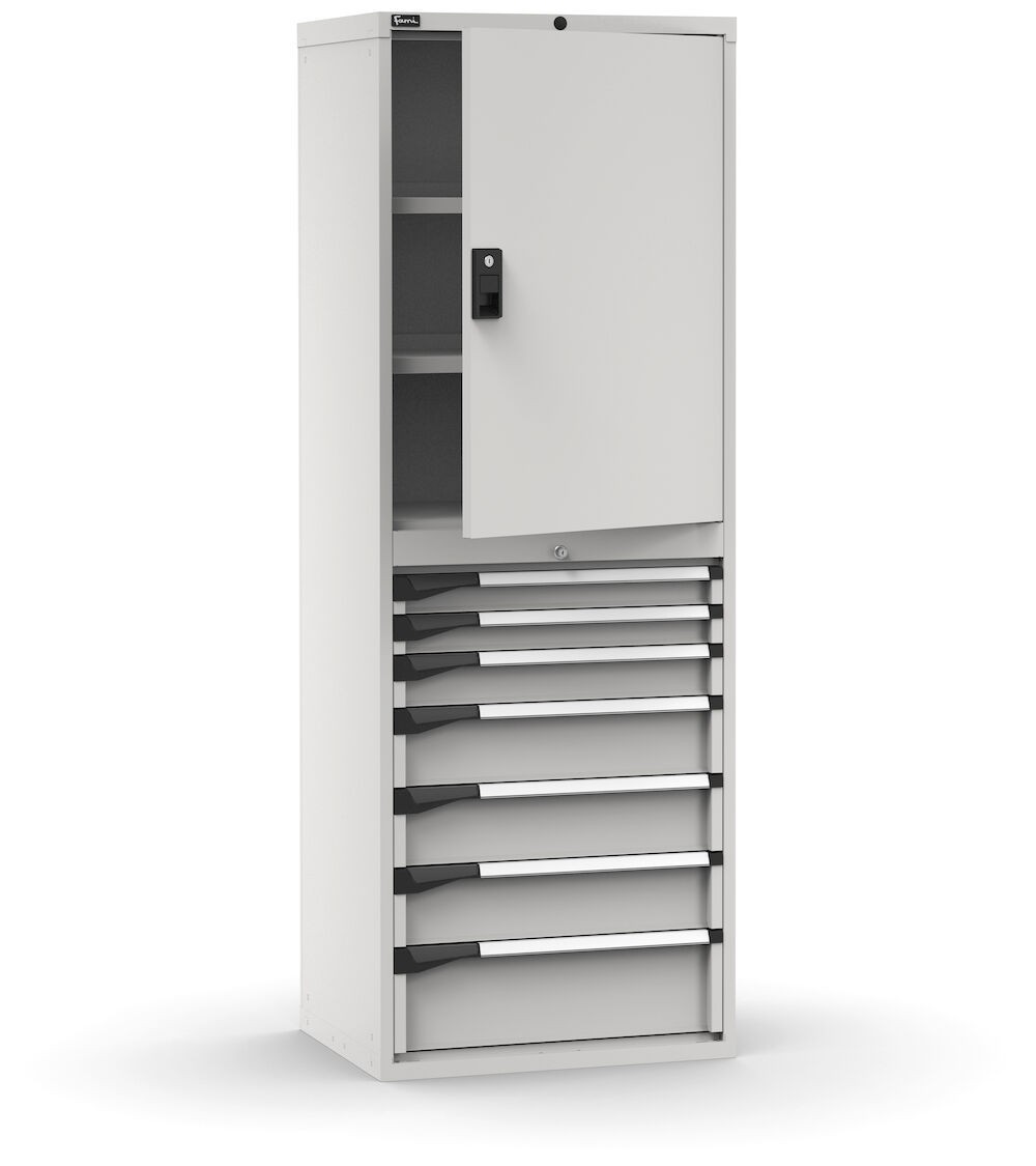 Armadio portautensili con porte a 7 cassetti, 3 piani regolabili, L714 x P573 x H2000 mm