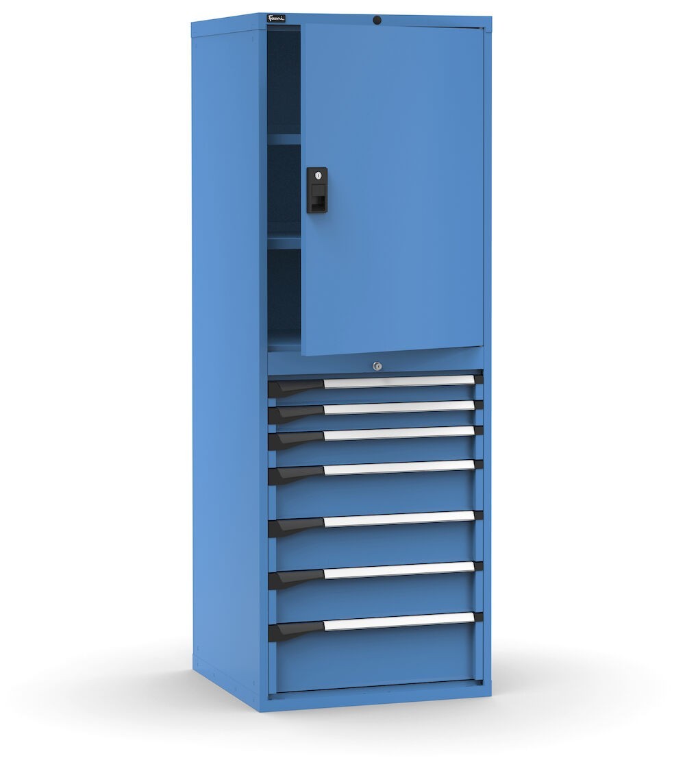 Armadio portautensili con porte, 7 cassetti e 3 piani regolabili, L714 x P726 x H12000 mm