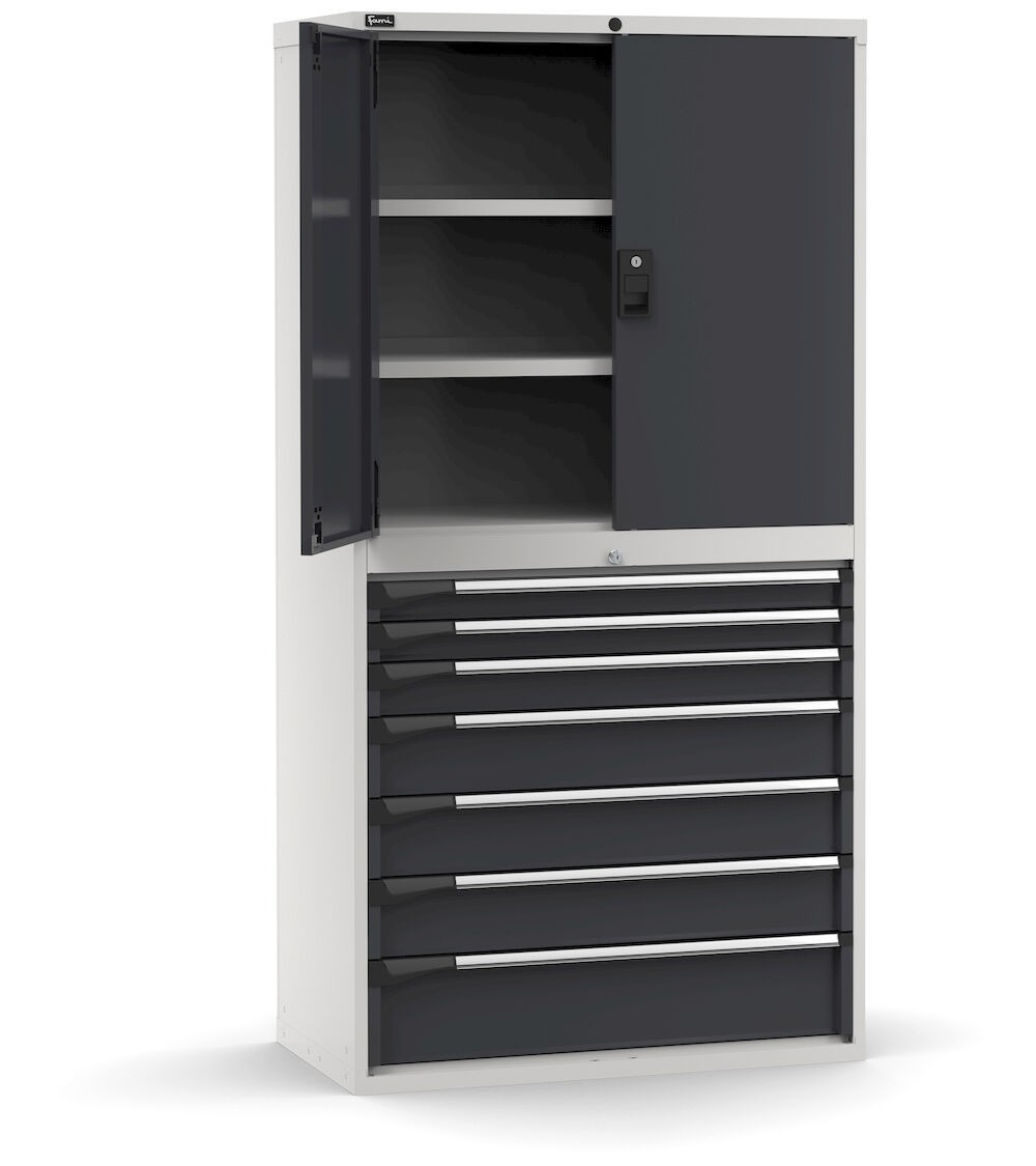 Armadio portautensili con porte a 7 cassetti, 3 piani regolabili, L1020 x P573 x H2000 mm