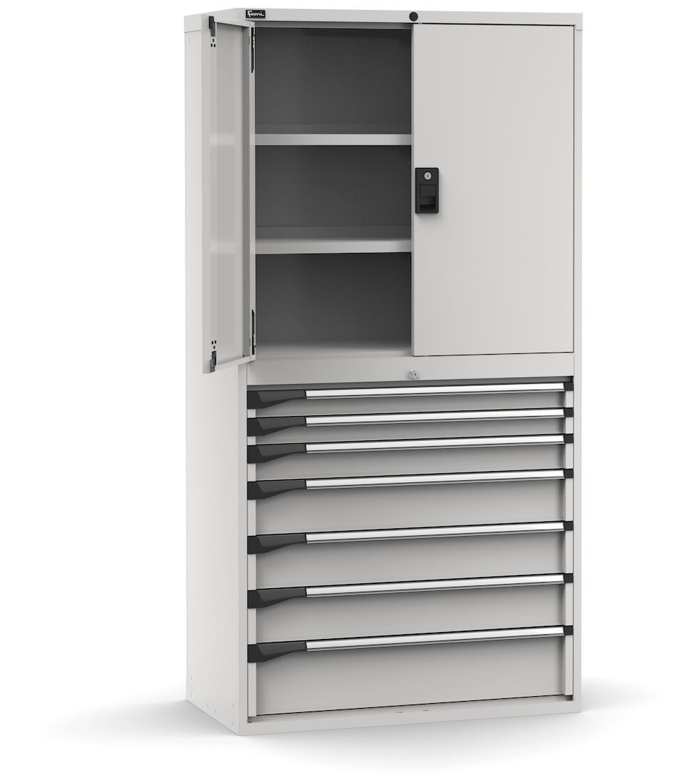 Armadio portautensili con porte a 7 cassetti, 3 piani regolabili, L1020 x P573 x H2000 mm