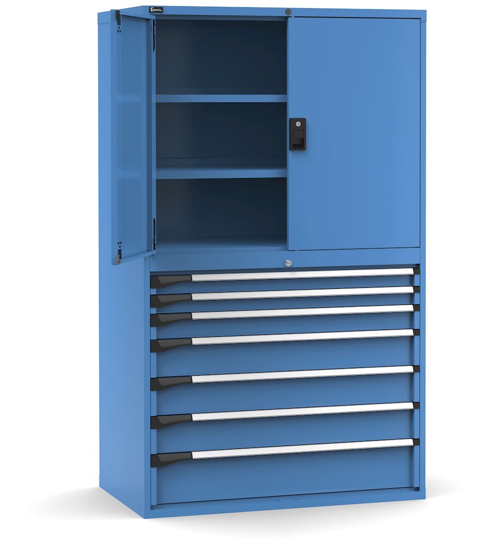 Armadio portautensili con porte, 7 cassetti e 3 piani regolabili,  L1190 x P726 x H2000 mm