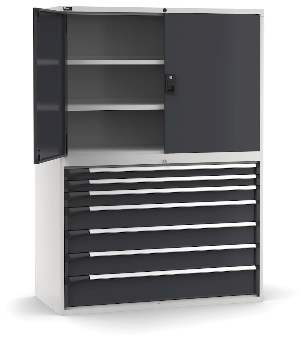 Armadio portautensili a 7 cassetti e 3 piani regolabili, L1428 x P726 x H2000 mm