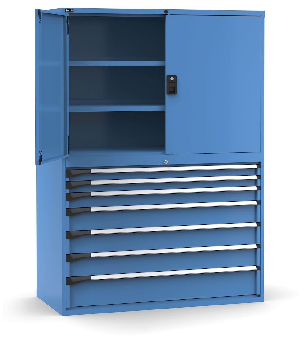 Armadio portautensili a 7 cassetti e 3 piani regolabili, L1428 x P726 x H2000 mm