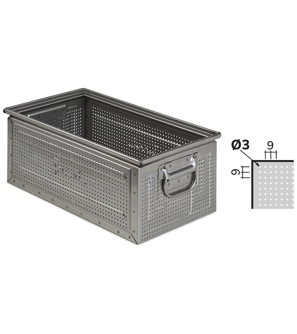Cassetta in acciaio inox forata con maniglie, mis. 272-4, ⌀ foro 3 mm,  L480 x P315 x H200 mm