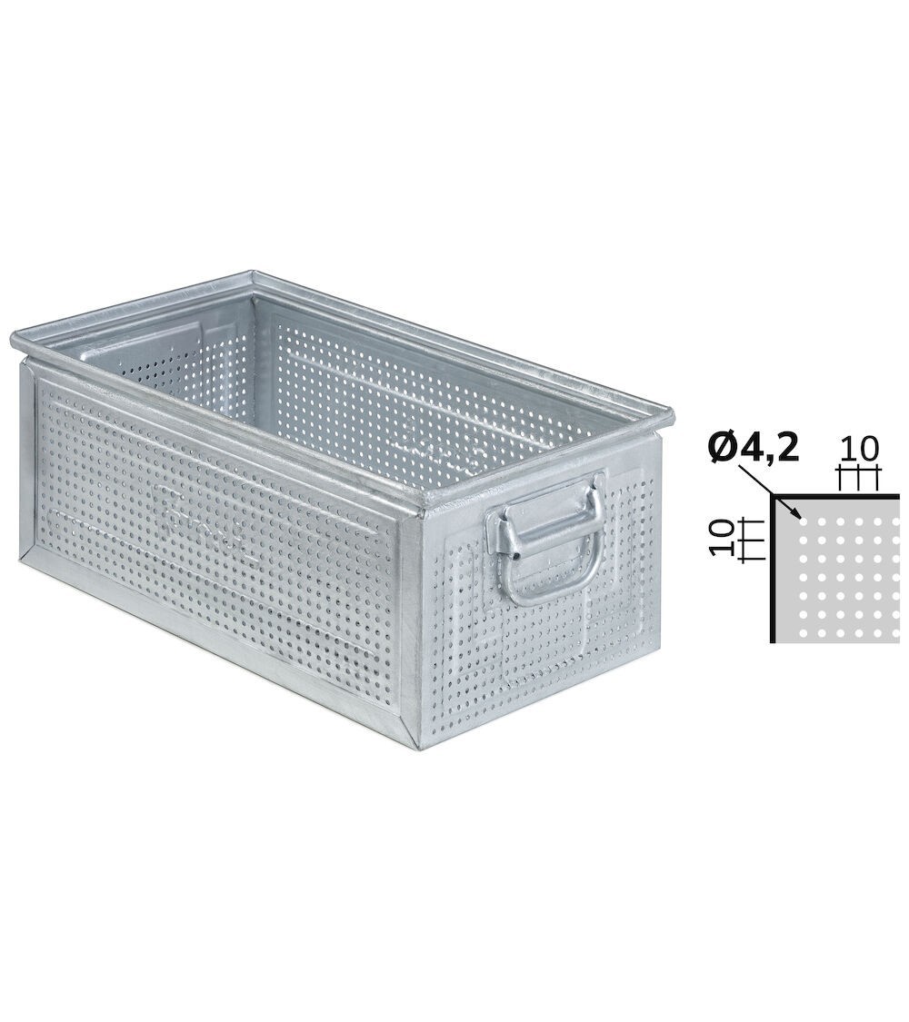 Cassetta metallica forata con maniglie, mis. 272-4, ⌀ foro 4,2 mm, L480 x P315 x H200 mm
