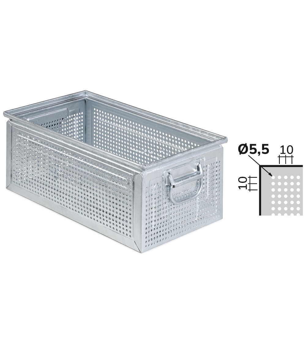 Cassetta metallica forata con maniglie, mis. 272-4, ⌀ foro 5,5 mm,  L480 x P315 x H200 mm