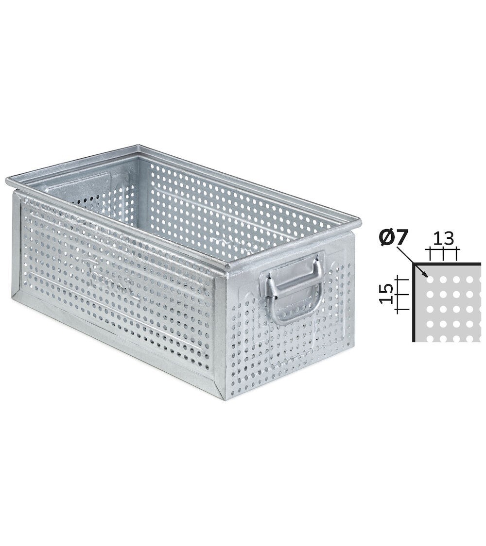 Cassetta metallica forata con maniglie, mis. 272-4, ⌀ foro 7 mm,  L480 x P315 x H200 mm