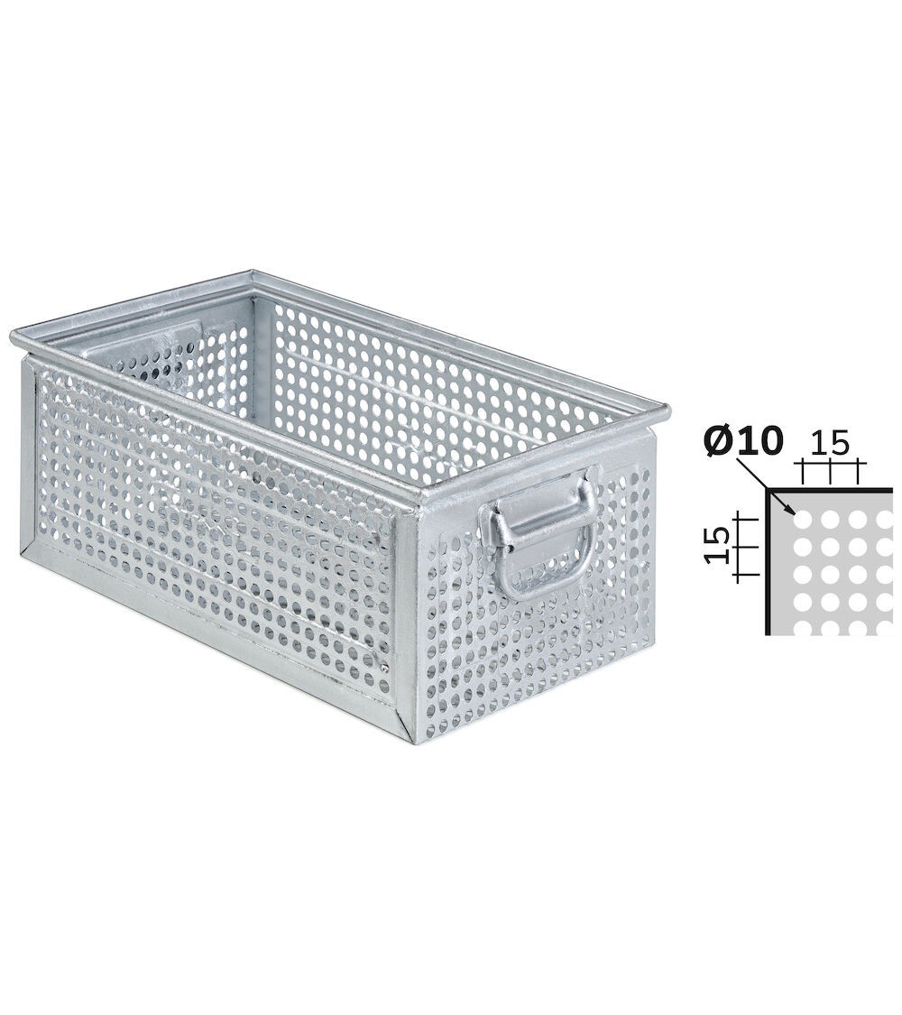 Cassetta metallica forata con maniglie, mis. 272-4, ⌀ foro 10 mm,  L480 x P315 x H200 mm
