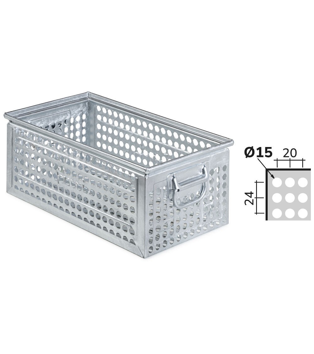 Cassetta metallica forata con maniglie, mis. 272-4, ⌀ foro 15 mm,  L480 x P315 x H200 mm