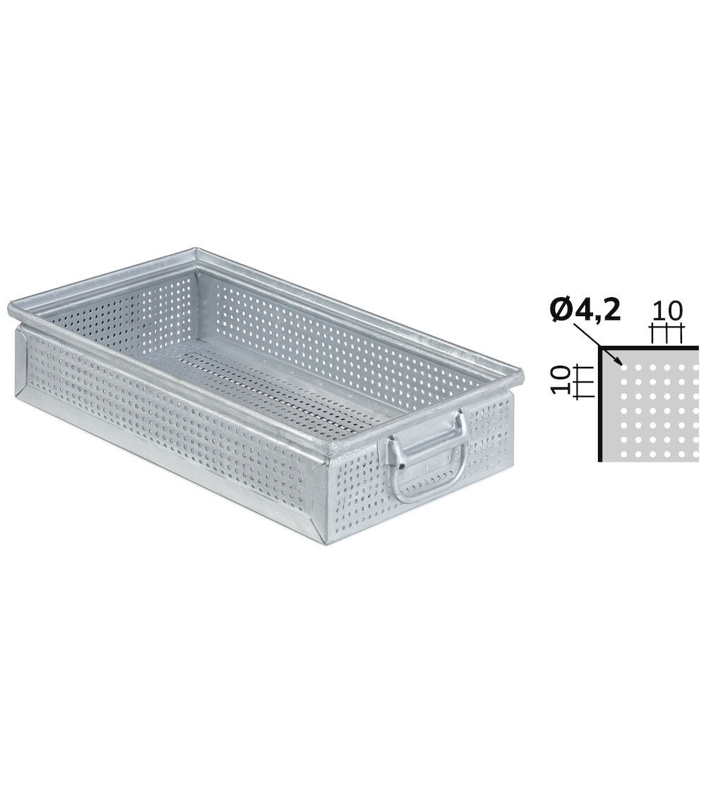 Cassetta metallica forata con maniglie, mis. 272-4A2, ⌀ foro 4,2 mm,  L480 x P315 x H105 mm