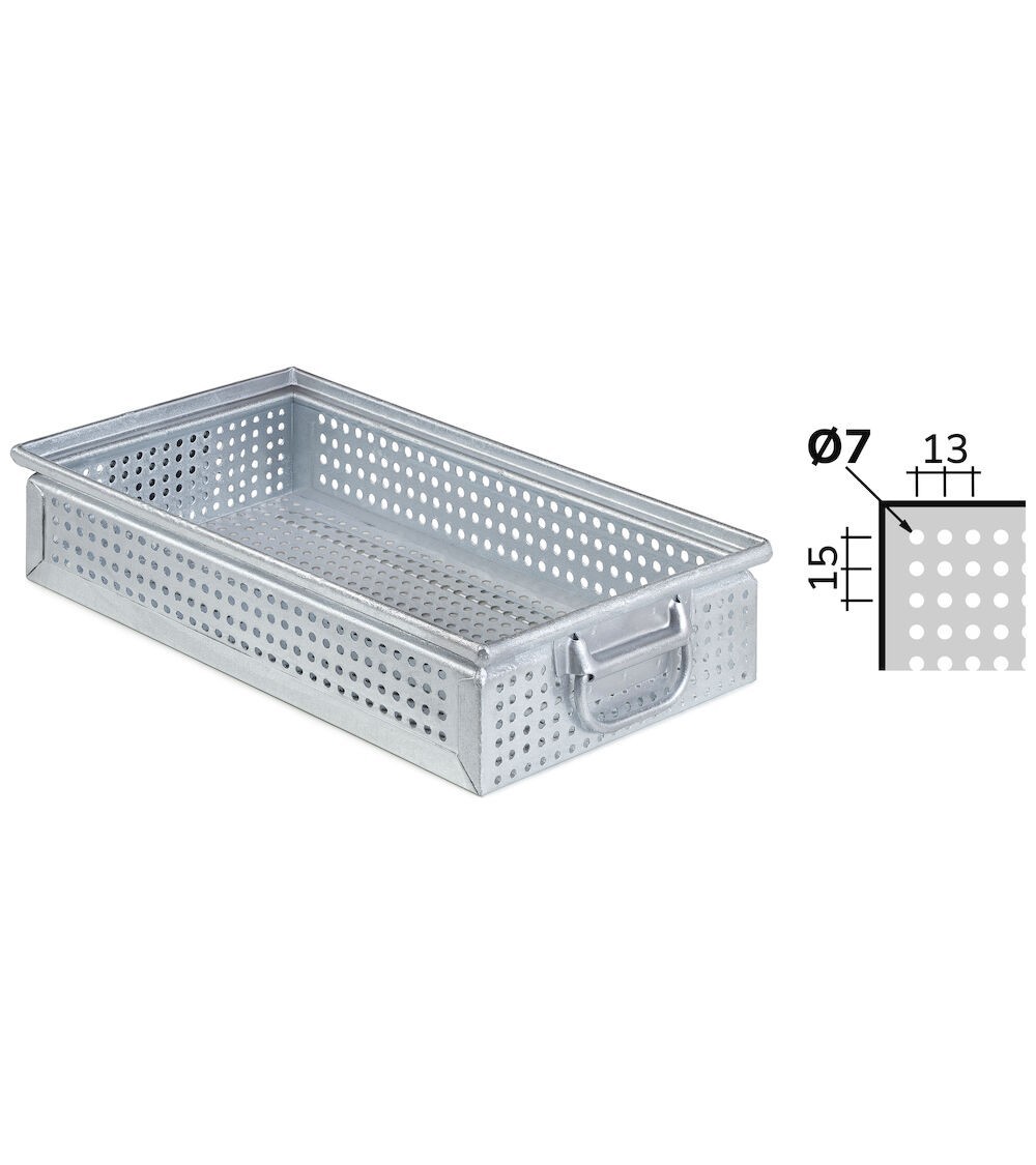 Cassetta metallica forata con maniglie, mis. 272-4A2, ⌀ foro 7 mm,  L480 x P315 x H105 mm