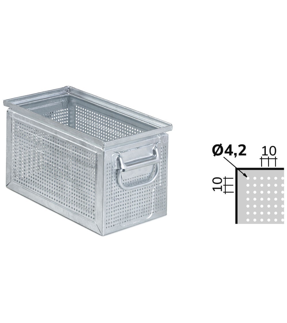 Cassetta metallica forata con maniglie, mis. 272-3, ⌀ foro 4,2 mm,  L325 x P210 x H200 mm