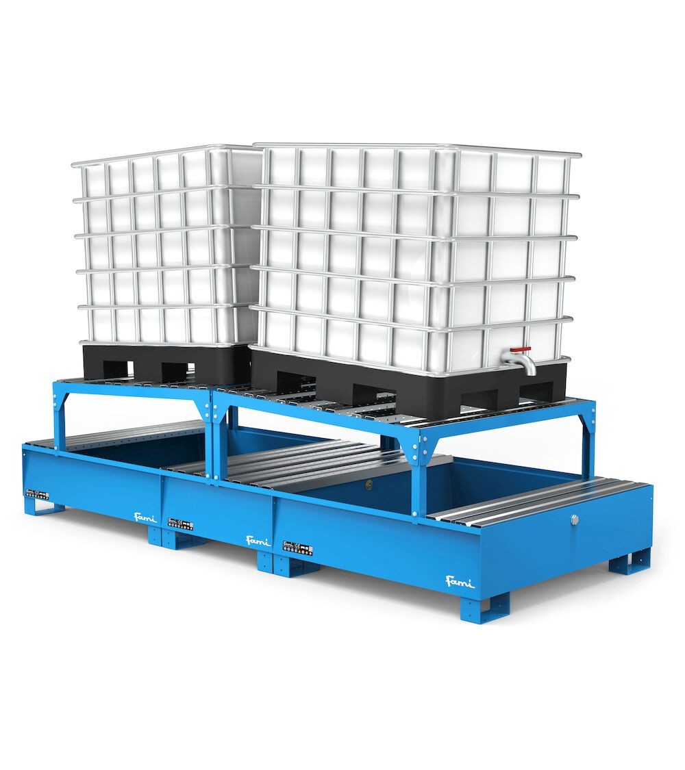 Vasca di raccolta capacità 1100 Lt con telaio e porta fusti, blu