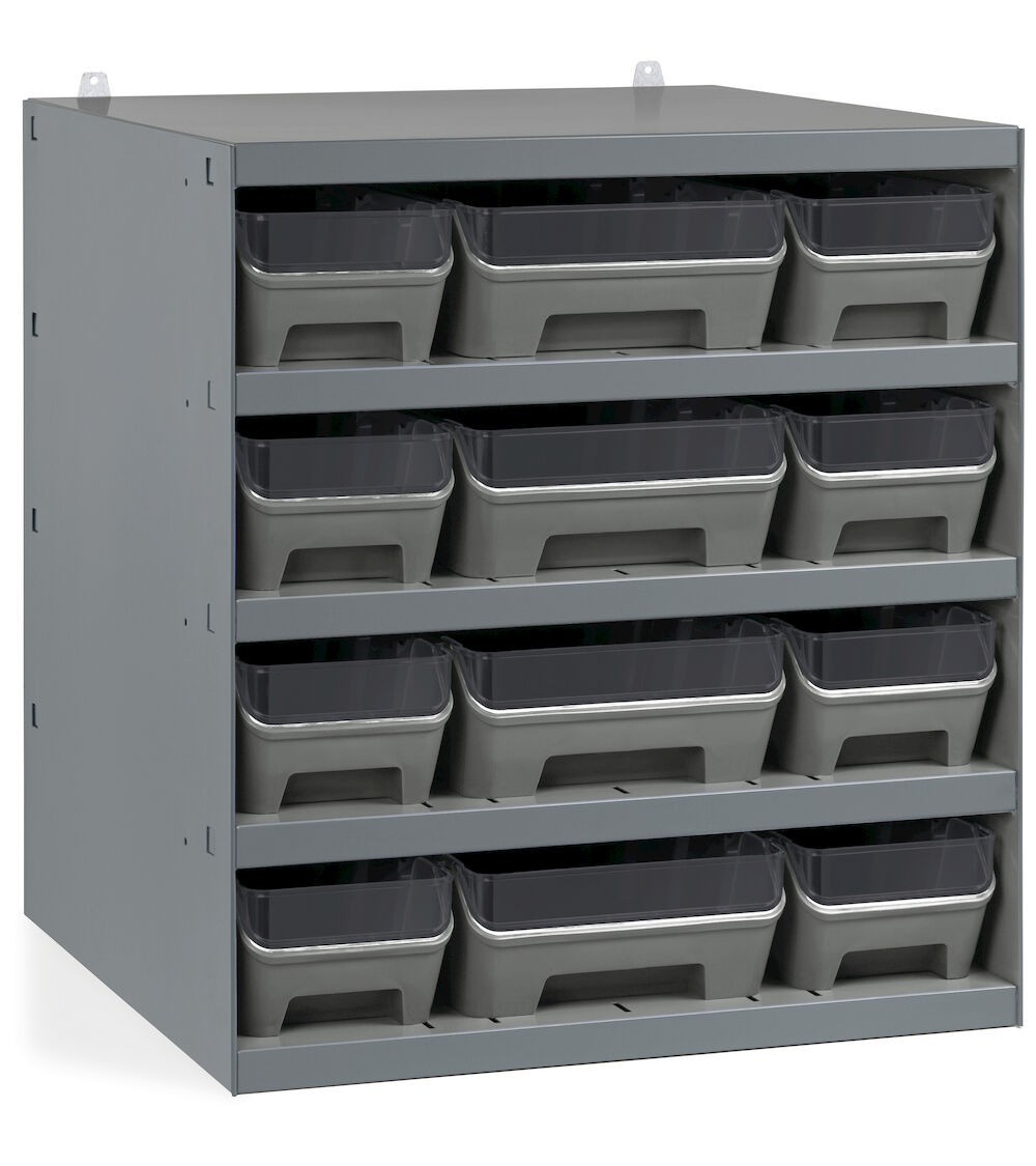 Scaffale con 12 contenitori RK Box Air in PP riciclato con divisori e frontalini, L500 x P500 x H545 mm